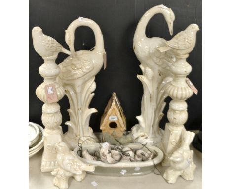  Garden decorations -A pair of ceramic cranes ; others similar, a bird house, a bird bath, bird models. 