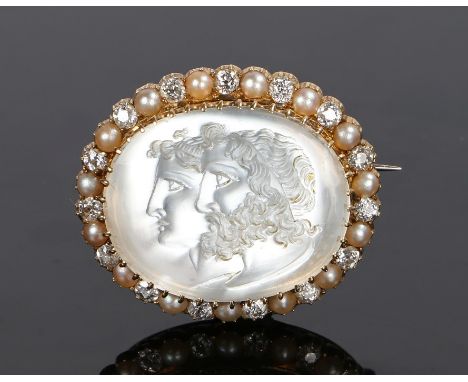 Rock crystal and pearl brooch, the carved rock crystal centre with classical busts with a pearl and cubic zirconia surround, 