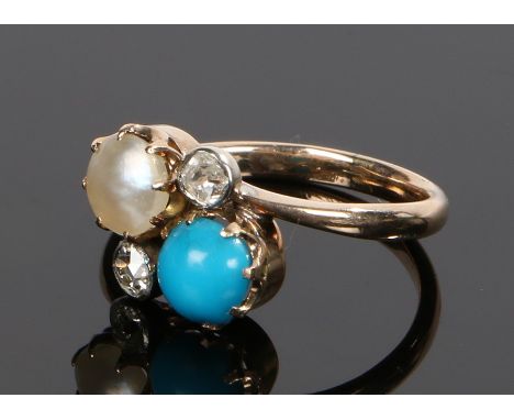 Pearl diamond and turquoise set ring, with a pearl and turquoise cross over and two round cut diamonds, ring size O