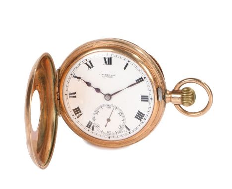 J.W. Benson 9 carat gold half hunter pocket watch, the signed white dial with Roman numerals and subsidiary seconds dial, the