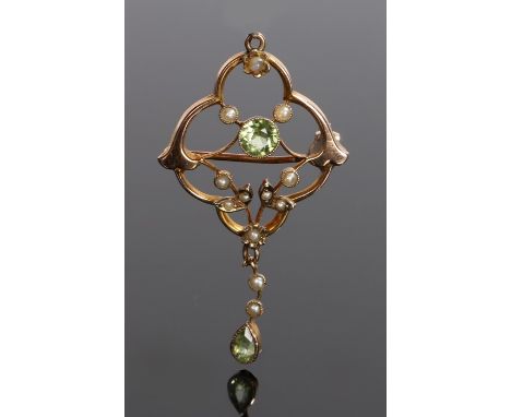 9 carat gold peridot and pearl pendant, in the Art Nouveau taste, with a central peridot and pearl set leaf edge, 44mm long