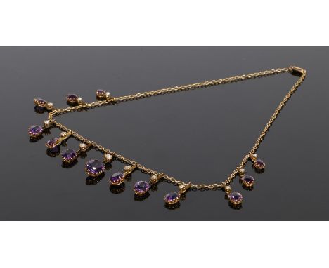 9 carat gold amethyst and pearl set necklace, with a graduated row of drops to the chain link necklace, 40cm long