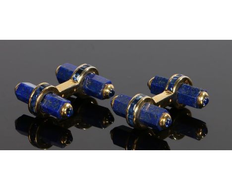 Pair of sapphire and lapis lazuli cufflinks, with lapis lazuli beams and princess cut sapphires to the gilt metal mounts