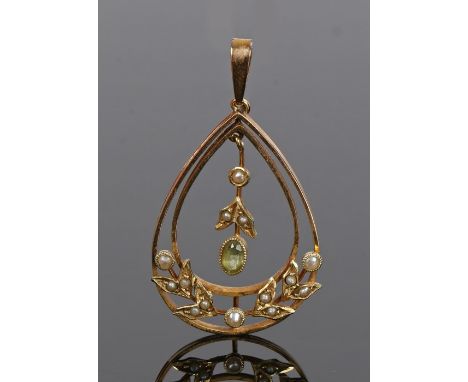 15 carat gold peridot and pearl pendant, with a foliate drop and leaf design to the pear shape pendant, 41mm long