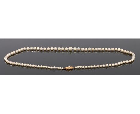 18 carat gold and pearl necklace, the 18 carat gold clasp with a row of graduated pearls, 55cm long
