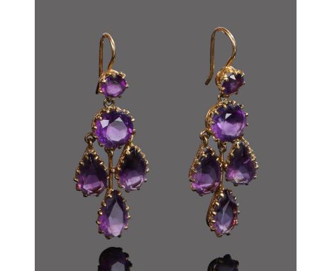 Pair amethyst earrings, with a round cut amethyst above three pear cut drops, 37mm long