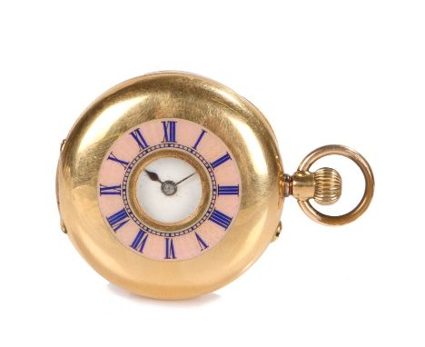 Ladies 18 carat gold half hunter pocket watch, the white enamel dial with Roman numerals, the outer case with puce and blue e