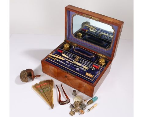 A veneered &amp; inlaid ladies compartmentalised dressing case with original fitted mirror, purple velvet lining, gold braidi