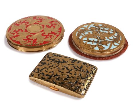 Three vintage enamel compacts with decorative cut work, One flapjack size Rex Fifth Avenue USA in red &amp; gold tone with or