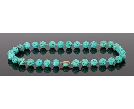 Chinese turquoise necklace, with character marks and scroll design, 53cm long
