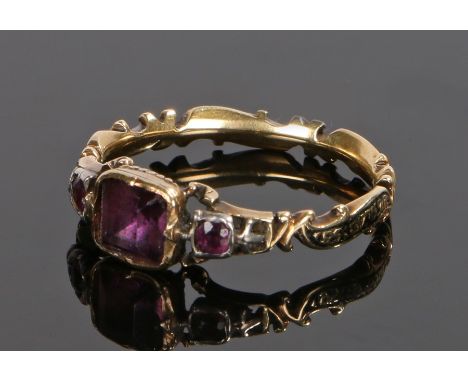19th Century amethyst and enamel mourning ring, with an amethyst to the head and shoulders, the name to the shank with black 