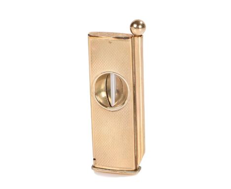 9 carat gold cigar cutter, the engine turned body with sliding mechanism and compartment containing a cigar piercer with orb 