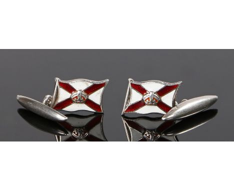 Pair of silver and enamel cufflinks, with flags to the head and chain link to the toggle back