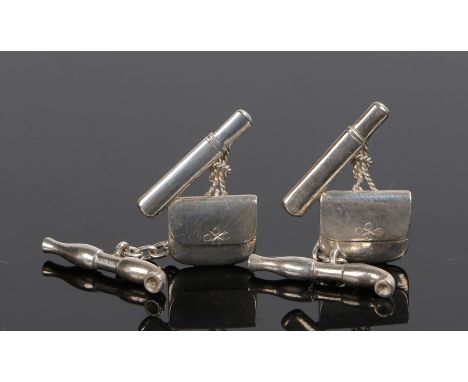 Pair of novelty cufflinks, with a satchel, club and pipe forming the cufflinks