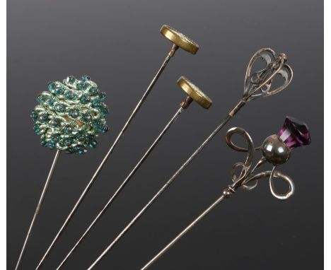 Five vintage hat pins: a Charles Horner silver hat pin with an amethyst thistle top &amp; loop design, a silver hat pin with 