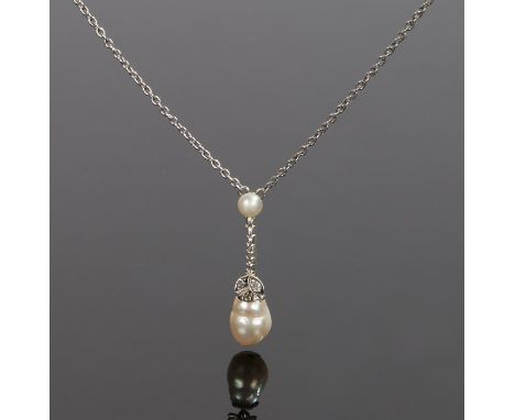 Natural pearl and diamond set pendant necklace, the natural saltwater pearl below the diamond set and pearl topped beam, 32mm