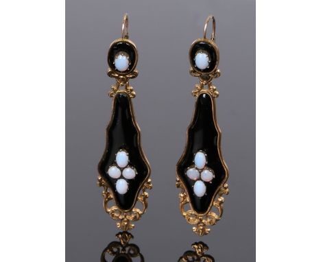Pair of opal set earrings, with five opals to each drop set to yellow metal and a black ground, 66mm long