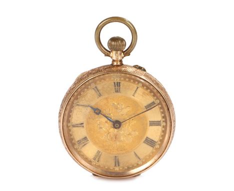 Ladies 14 carat gold open face pocket watch, the gilt dial with engraved floral boss surrounded by a chapter ring with Roman 