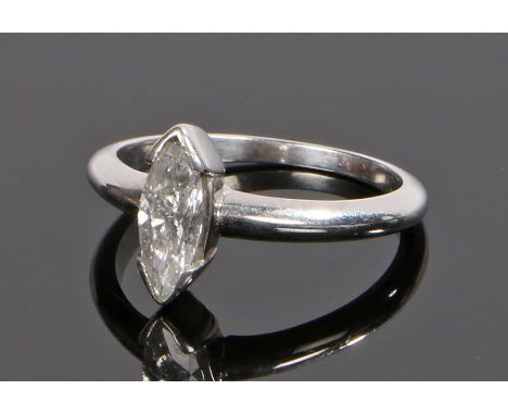 9 carat gold diamond set ring, the diamond at approximately 0.8 carat marquise cut, ring size N