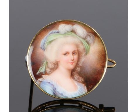 Late 19th Century enamel portrait brooch, with a lady wearing a feather hat and blue dress, 25mm diameter 