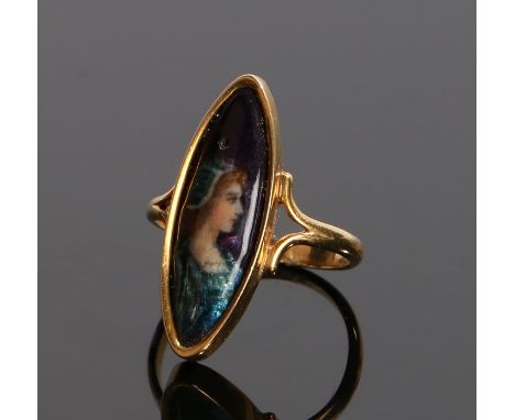 Pierre Bonnaud (FRENCH 1865-1930) A Limoges enamelled ring, of a young lady standing in profile with a turquoise dress and bo