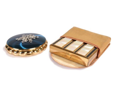 Kigu oval cushion shaped musical 'Concerto' compact in gold tone &amp; blue enamel decorated with silver coloured filigree wo