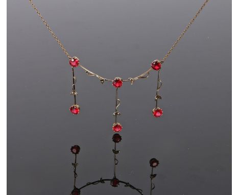 9 carat gold necklace, with a red stone set bar with conforming drops and pearl set leaves, 62mm diameter 