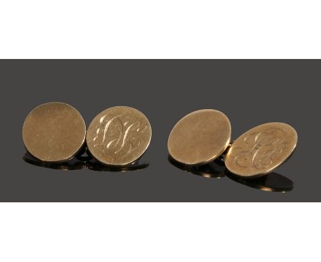 Pair of 9 carat gold cufflinks, oval discs with monogram and chain link, 10.8 grams