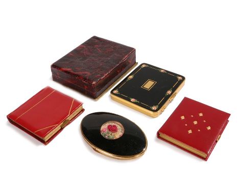 Vintage oval shaped Melissa (England) black enamel compact with a lucite centre piece containing a red rose, a large vintage 