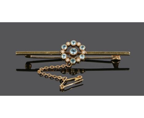 15 carat gold aquamarine and pearl brooch, with a circle of aquamarine and pearls set to the bar brooch, 3.9 grams, 58mm long