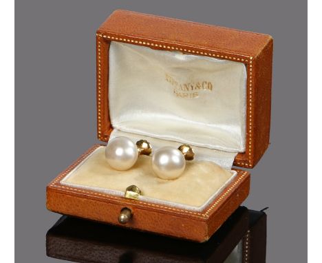 Pair of French 18 carat gold pearl set earrings, the pearls at 9mm diameter each, boxed 
