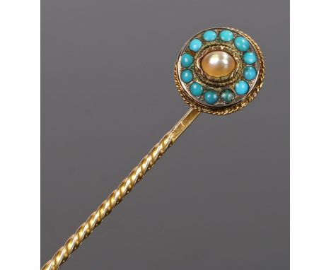 Victorian pearl and turquoise set stick pin, with a central pearl and turquoise surround