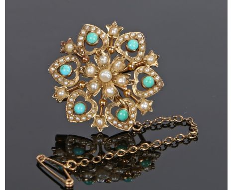Yellow metal pearl and turquoise set brooch, with a flower heart and heart surround, 25mm diameter 