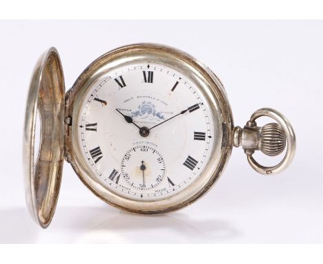 Silver half hunter pocket watch, the case Birmingham 1945, maker Dennison Watch Case Co, the white dial with Roman numerals, 