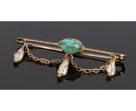 15 carat gold turquoise and pearl set brooch, with a central turquoise and three drop pearls, 43mm long