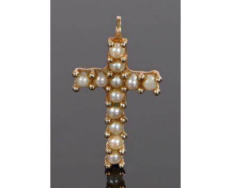 Gold and pearl set cross, with twelve pearls to the cross, 27mm long