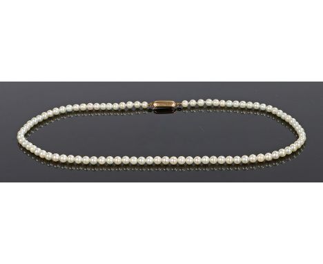 18 carat gold and pearl necklace, the 18 carat gold clasp with a row of pearls, 38cm long