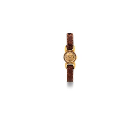 Jaeger-LeCoultre Mini Duoplan, 1950s. Round case in 18k rose gold, diamond-set flame lugs. Cream-colored dial, applied hour m