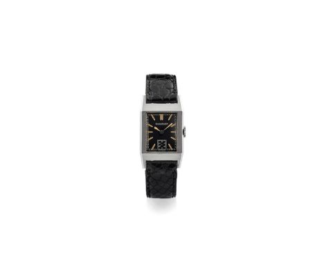 Jaeger-LeCoultre Uniplan, 1940s. Rectangular faceted steel case, no.100060. Black dial, luminescent hour markers. Hand-windin