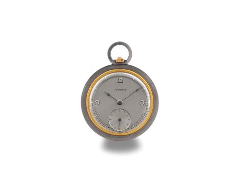 Juvenia pocket watch, 1940s Round steel and gold case. Silvered two-tone dial, Arabic numerals and painted mirror hour marker