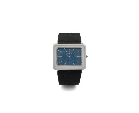 Corum TV screen, 1970s Rectangular steel case. Blue dial with linen finish, painted hour markers. Hand-winding movement. Coru