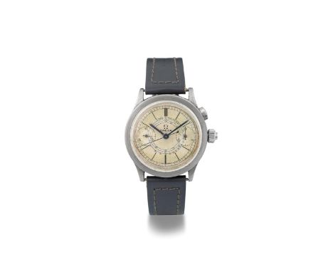 Omega chronograph CK988 caliber 33.3, 1930s Round steel case, no.9015466, olive pusher and second pusher built into crown. Cr