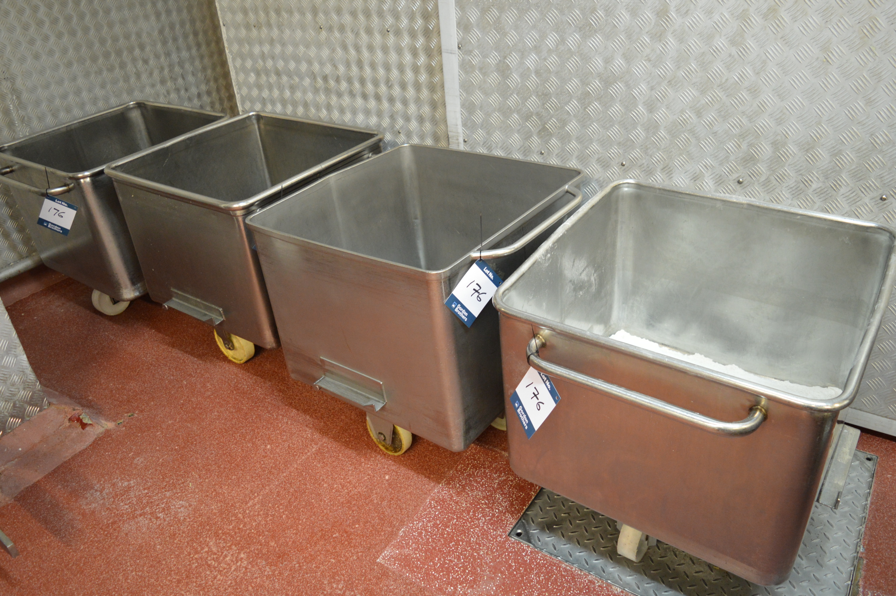4 x mobile stainless steel flour bins (no lids) (Located at Crantock