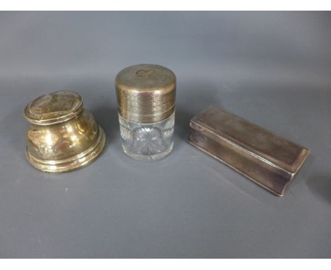 A silver top scent bottle - Height 9cm - and a silver inkwell and a white metal box - inkwell dented, bottle top dented, top 