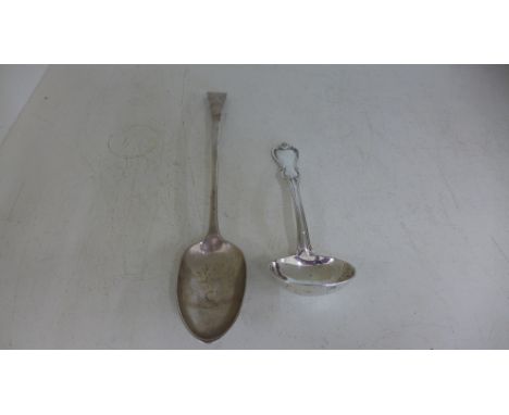 A silver hallmarked serving spoon mark for London 1871/72 and a silver ladle, hallmark for London 1846/47 - approx weight 7 t