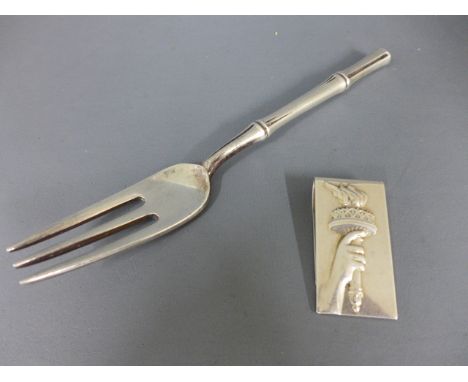 A Tiffany & Co sterling silver Liberty money clip and a bamboo fork - total weight approx 3 troy oz - some usage marks, gener