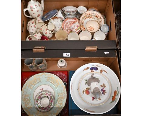 Two boxes of decorative china, including Coronation mugs, Royal Doulton floral-printed coffee set, boxed Royal Worcester Eves