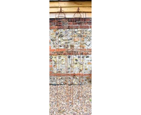 Pair of weathered steel arrow head obelisks (2) approx 190 cm h x 27 cm dia&nbsp;