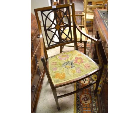 Two Edwardian inlaid red walnut carver chairs, with tapestry seat pads (2)