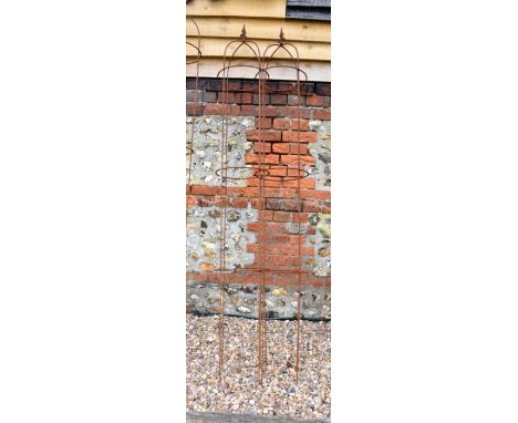 Pair of weathered steel arrow head obelisks (2) approx 200 cm h x 30 cm dia&nbsp;